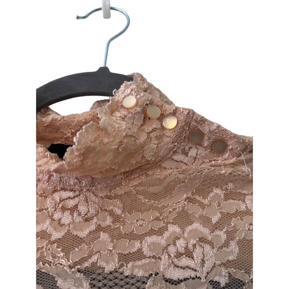 Reba Womens Tan Lace High Neck Short Sleeve Top L Rare - Picture 4 of 12